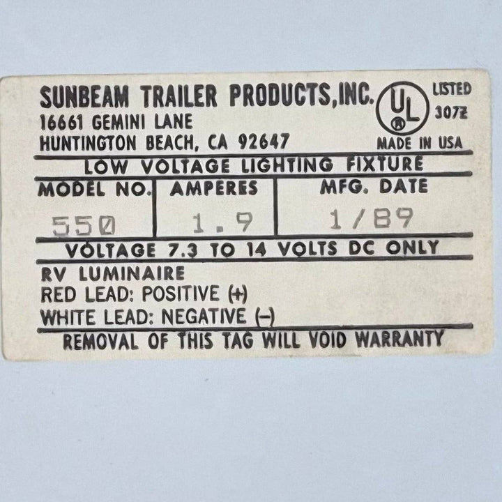 Used RV Luminaire Dual Fluorescent Light Fixture - Model 550 - Young Farts RV Parts