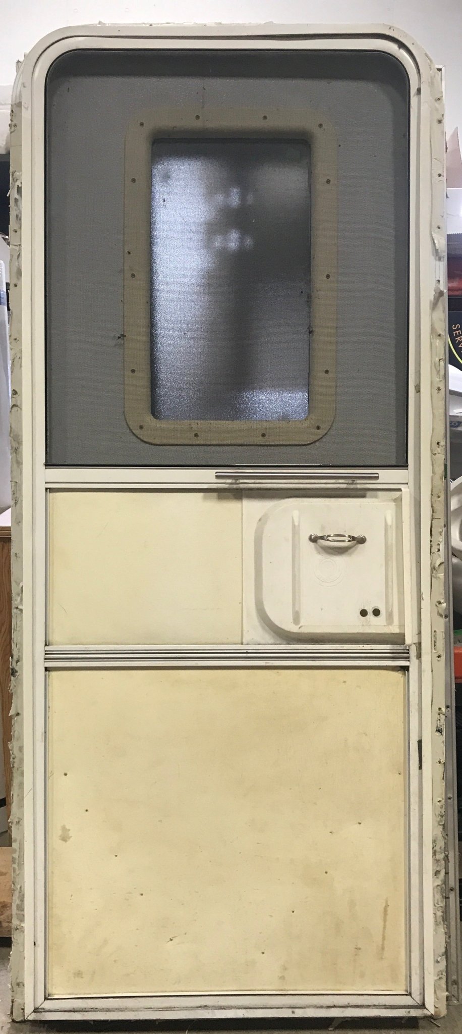 Used RV Radius Corner Entry Door 29 1/2" W x 71 1/2" H - Young Farts RV Parts