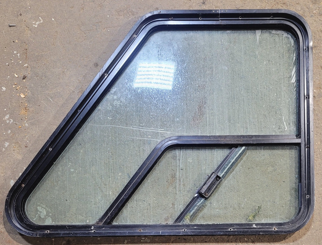 Used Slanted Black Radius Opening Window : 36 1/4" W x 26 3/4" H x 1 7/8" D - Motorhome Front Passenger Side - Young Farts RV Parts