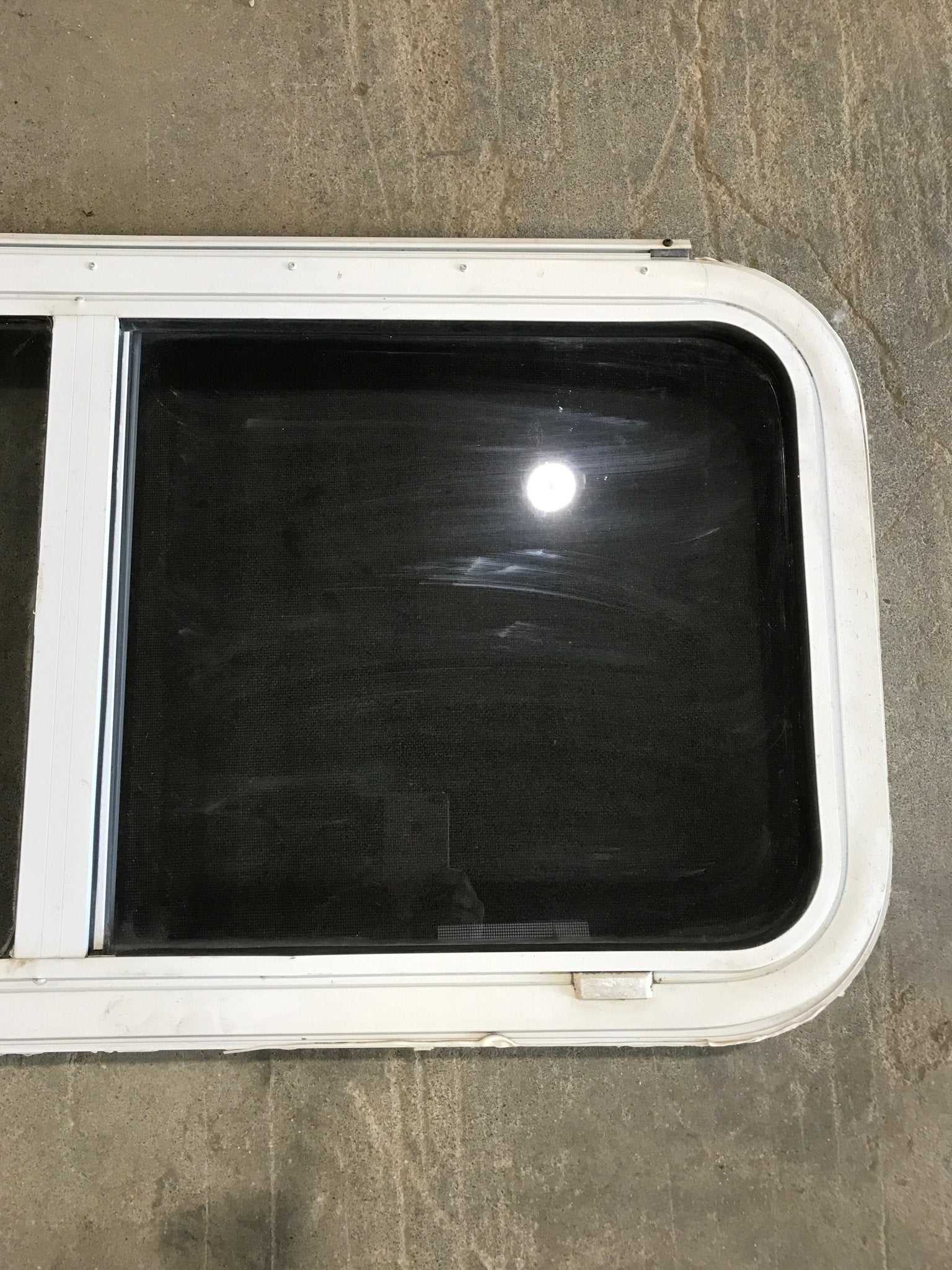 Used Slanted White Radius Emergency Opening Window : 42" W x 17 1/2" H x 2" D - Young Farts RV Parts