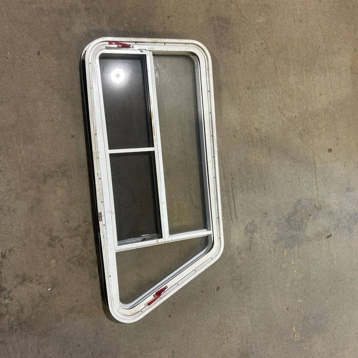 Used Slanted White Radius Emergency Opening Window - 49.25" x 23.25" x 1.875" - Young Farts RV Parts