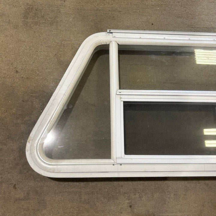 Used Slanted White Radius Emergency Opening Window - 49.25" x 23.25" x 1.875" - Young Farts RV Parts