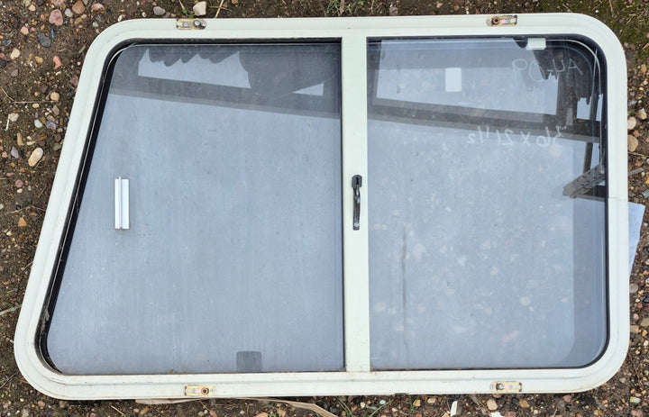 Used Slanted White Radius Opening Window : 35 3/4" W x 21 1/4" H x 1 7/8" D - Young Farts RV Parts