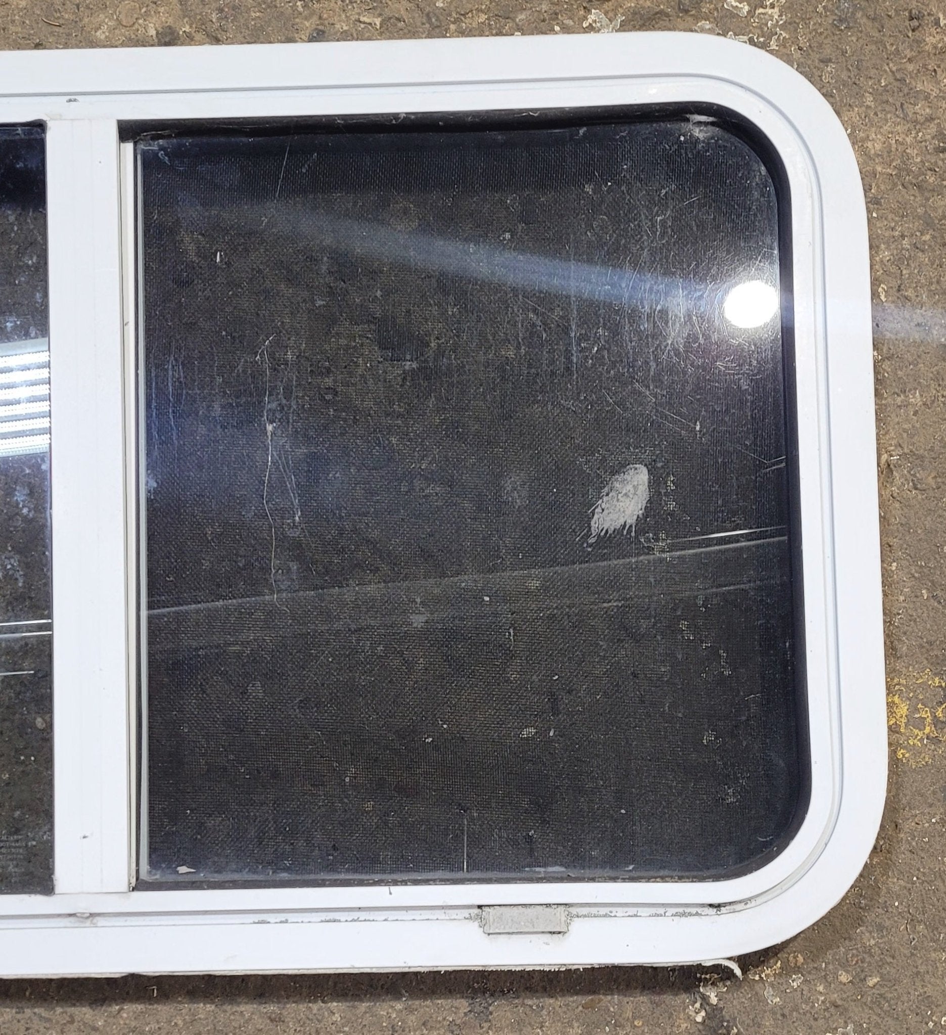 Used Slanted White Radius Opening Window : 37" W x 18 1/2" H x 1 7/8" D - Young Farts RV Parts