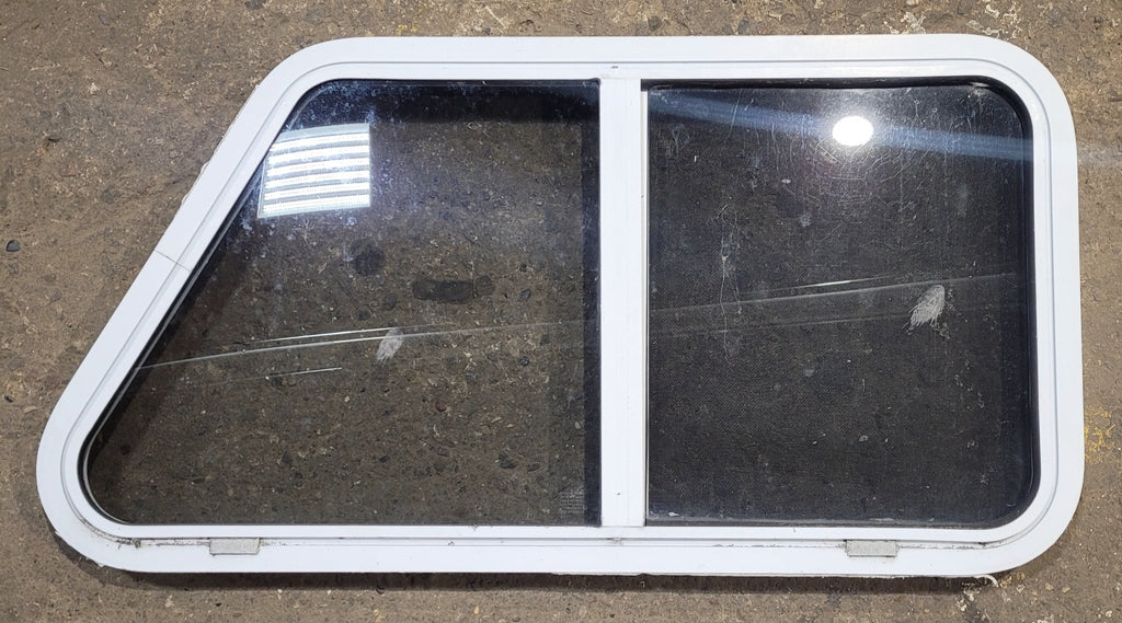 Used Slanted White Radius Opening Window : 37" W x 18 1/2" H x 1 7/8" D - Young Farts RV Parts