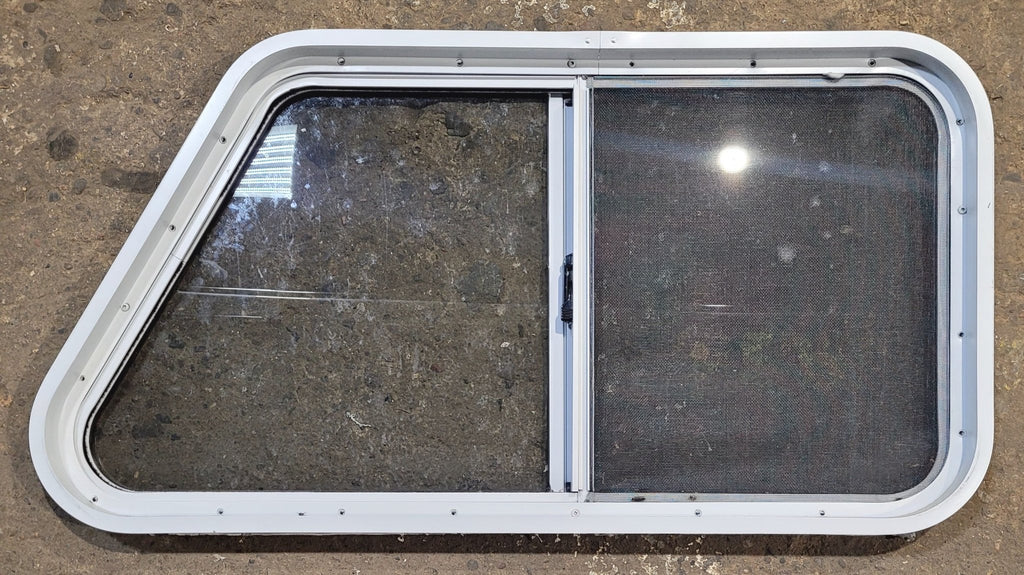 Used Slanted White Radius Opening Window : 37" W x 18 1/2" H x 1 7/8" D - Young Farts RV Parts