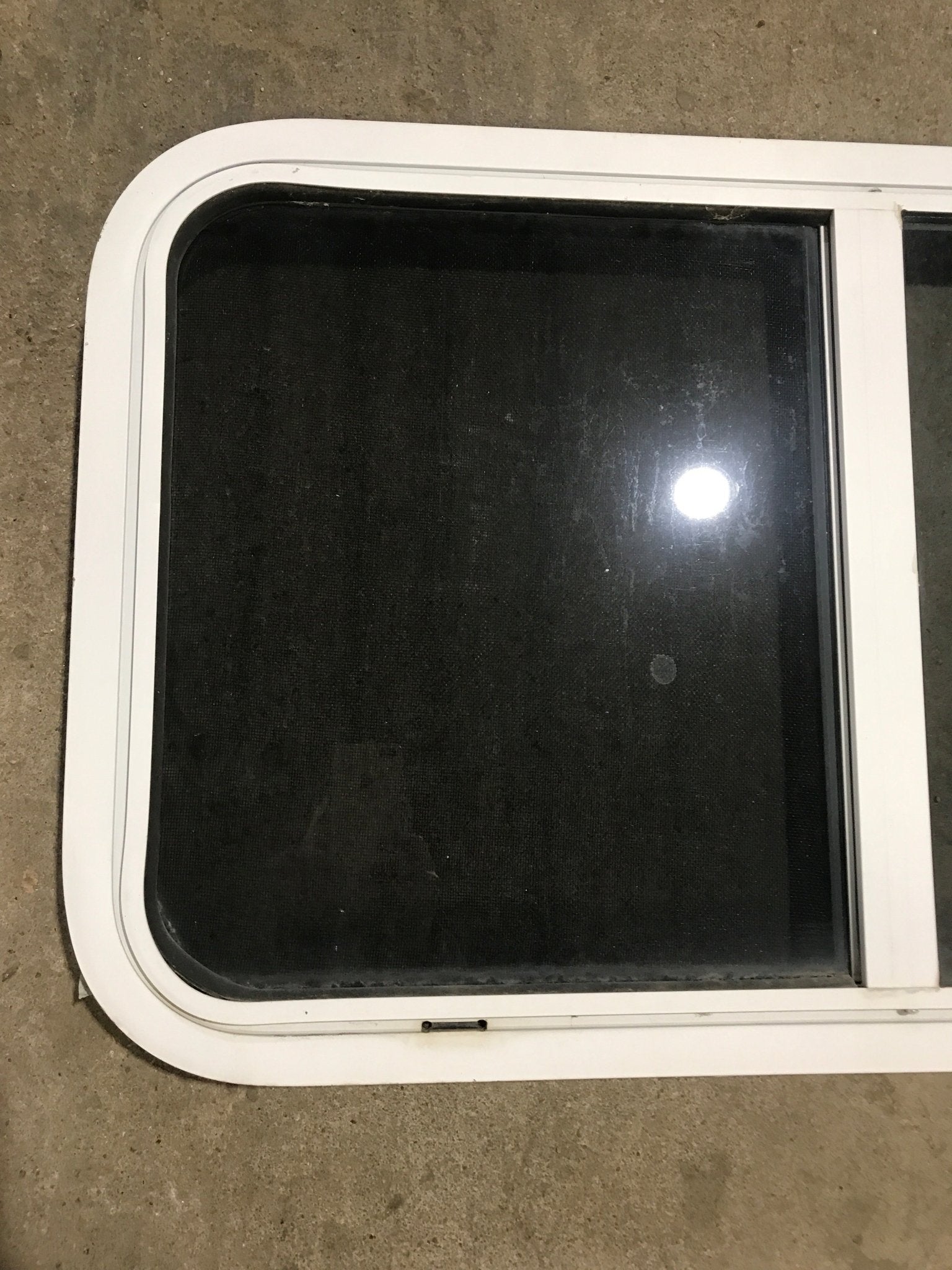 Used Slanted White Radius Opening Window : 37" W x 18 3/4" H x 1 7/8" D - Young Farts RV Parts