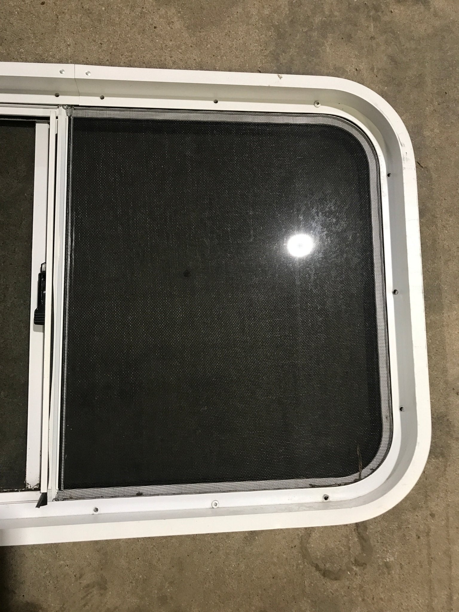 Used Slanted White Radius Opening Window : 37" W x 18 3/4" H x 1 7/8" D - Young Farts RV Parts