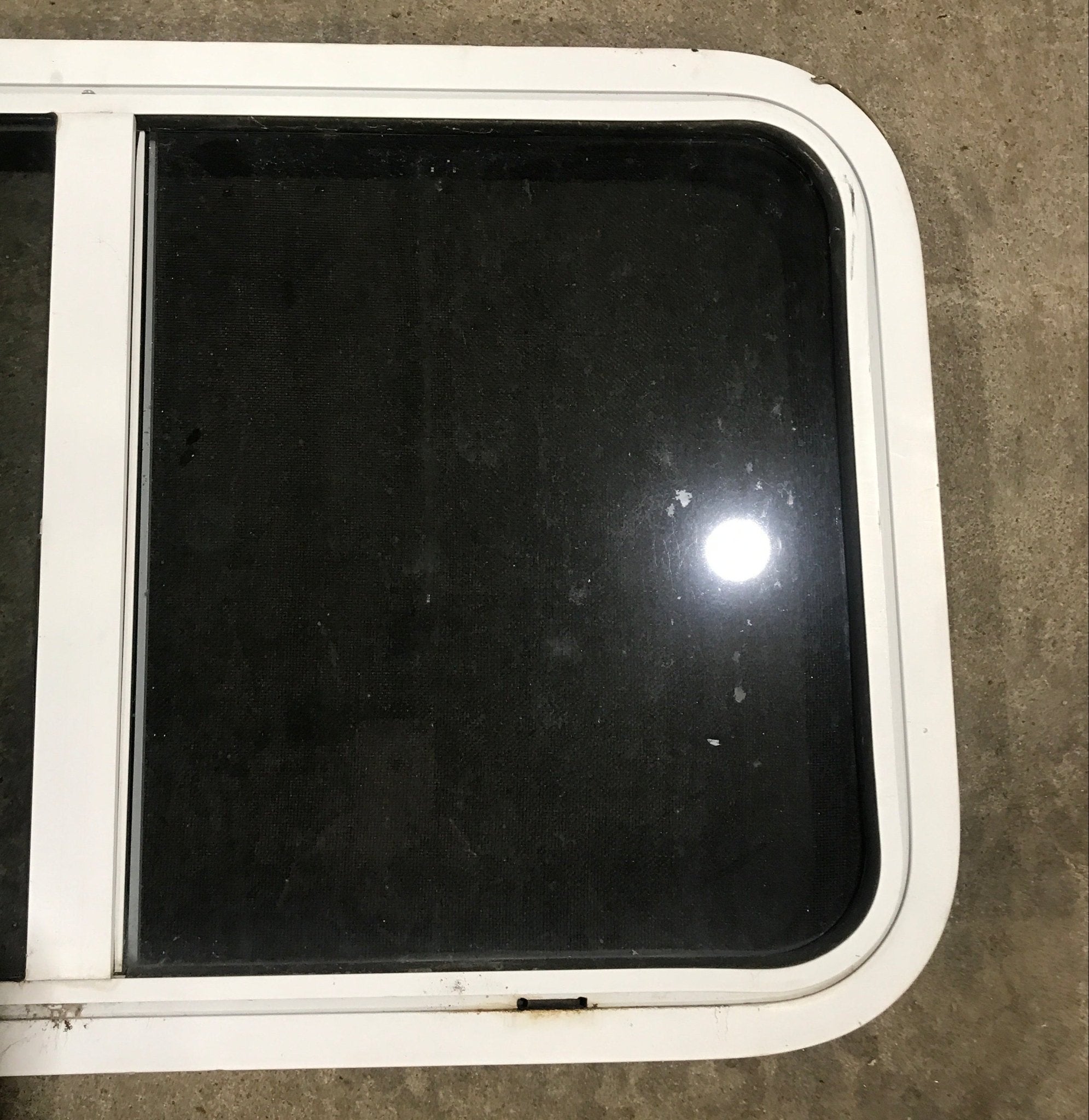 Used Slanted White Radius Opening Window : 37" W x 18 3/4" H x 1 7/8" D - Young Farts RV Parts