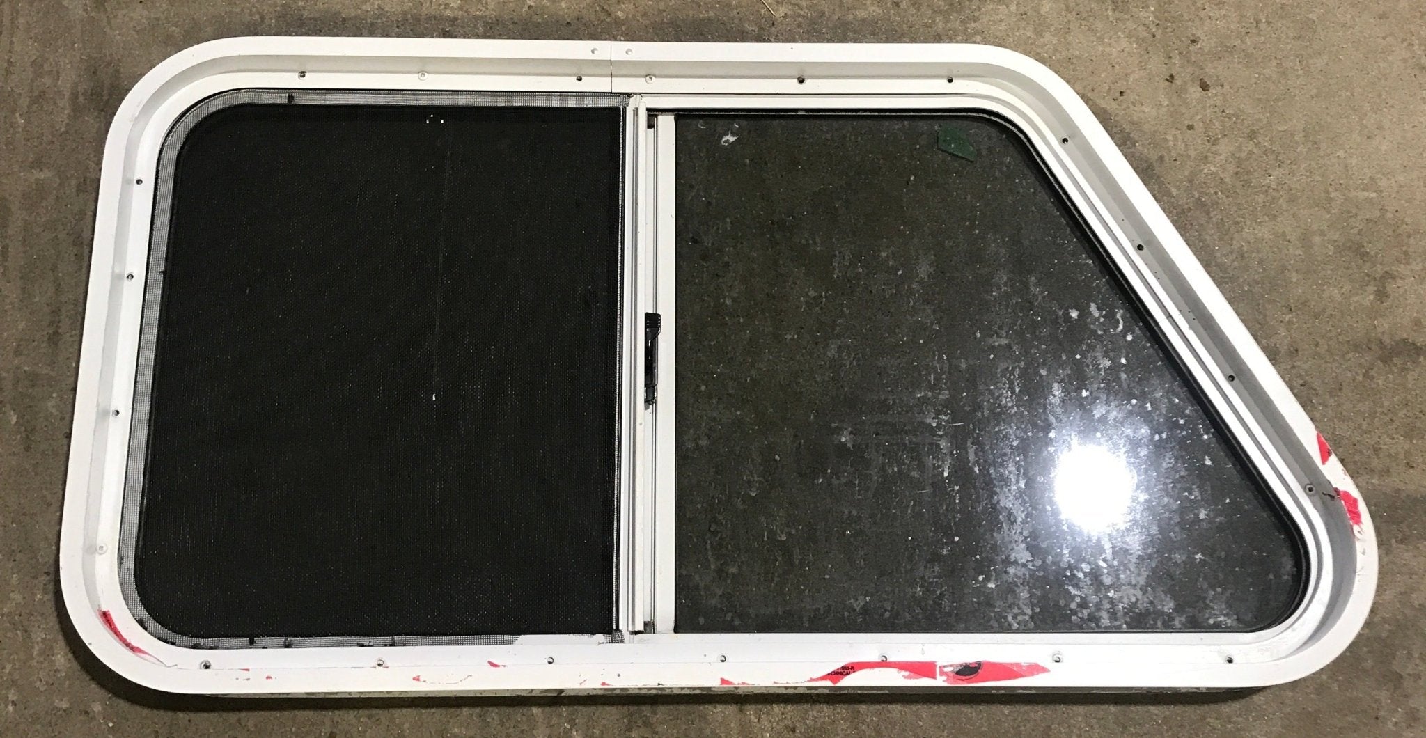Used Slanted White Radius Opening Window : 37" W x 18 3/4" H x 1 7/8" D - Young Farts RV Parts