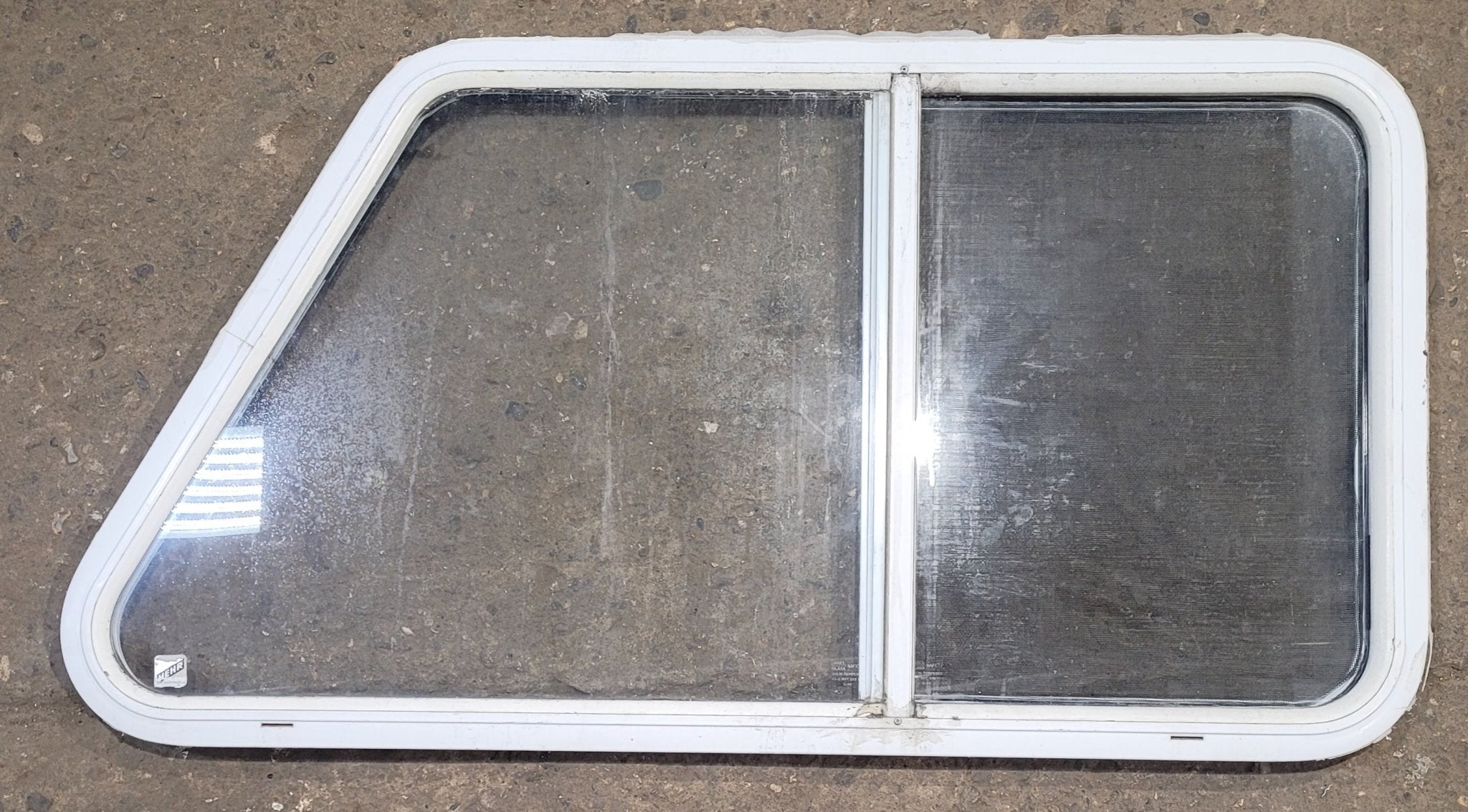 Used Slanted White Radius Opening Window : 41 1/4" W x 21 1/2" H x 1 1/4" D - Young Farts RV Parts