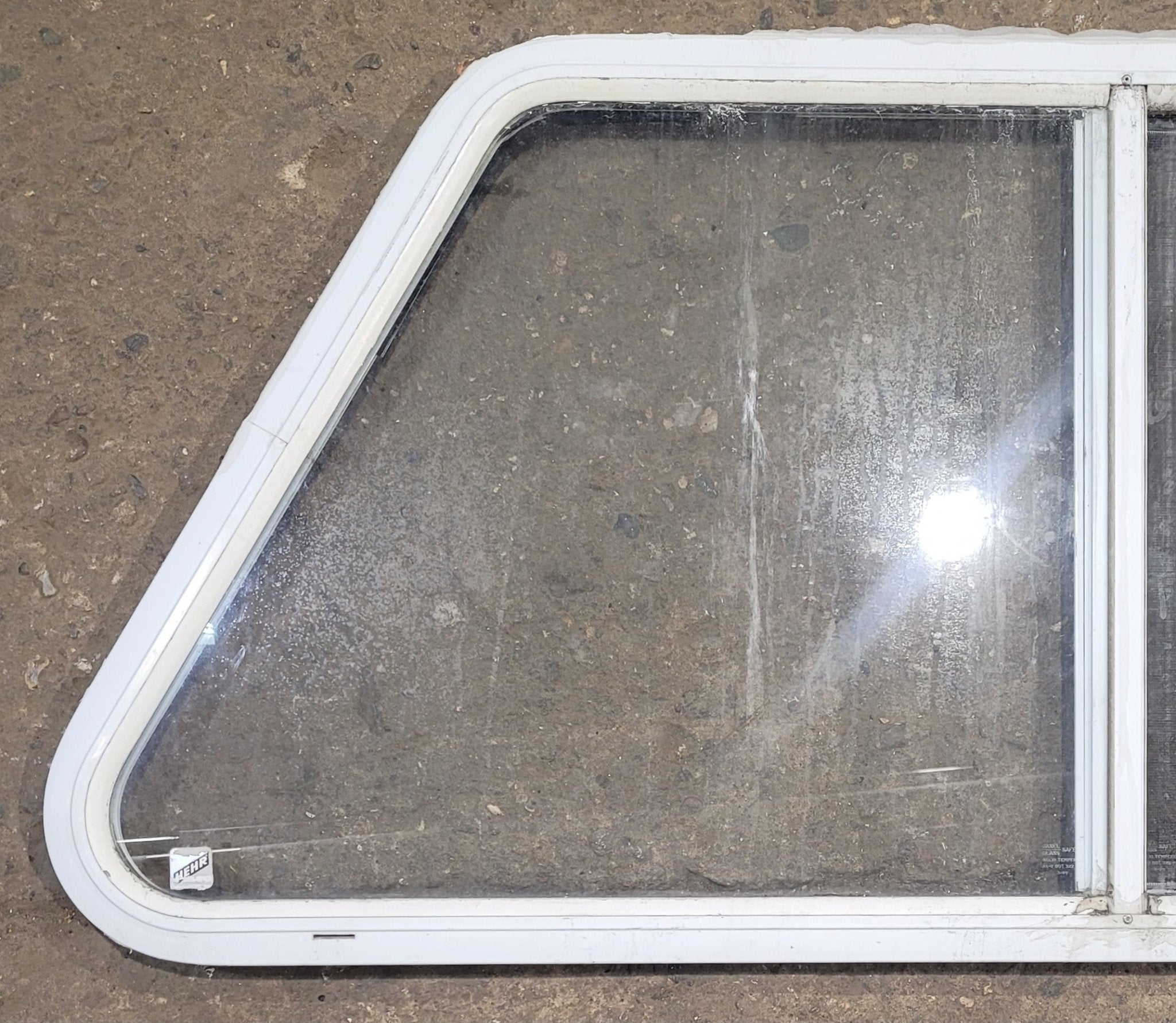 Used Slanted White Radius Opening Window : 41 1/4" W x 21 1/2" H x 1 1/4" D - Young Farts RV Parts