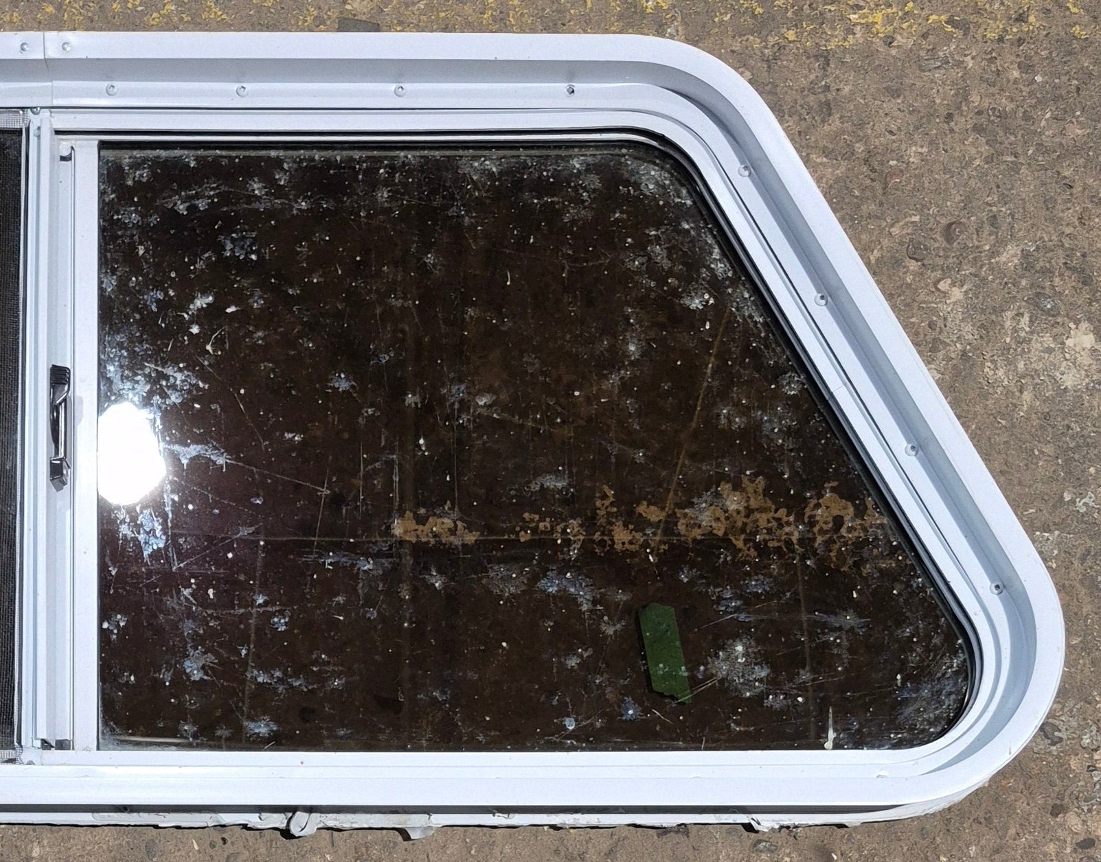 Used Slanted White Radius Opening Window : 41 3/4" W x 17 1/2" H x 1 7/8" D - Young Farts RV Parts