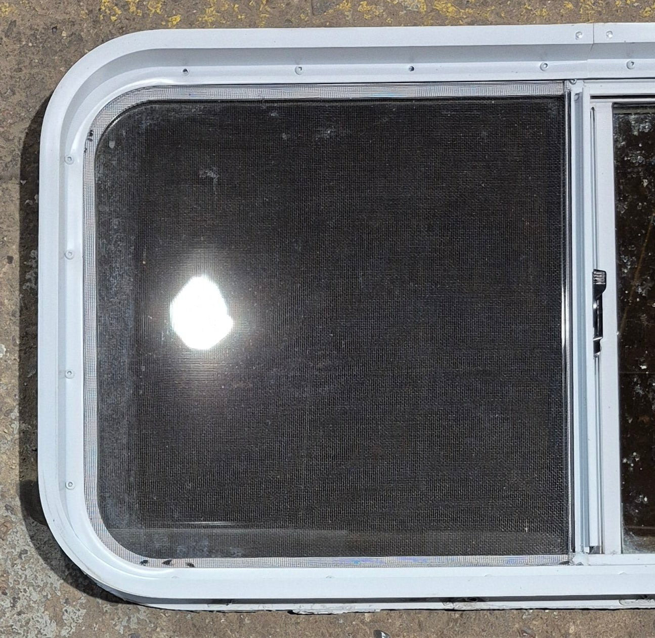 Used Slanted White Radius Opening Window : 41 3/4" W x 17 1/2" H x 1 7/8" D - Young Farts RV Parts