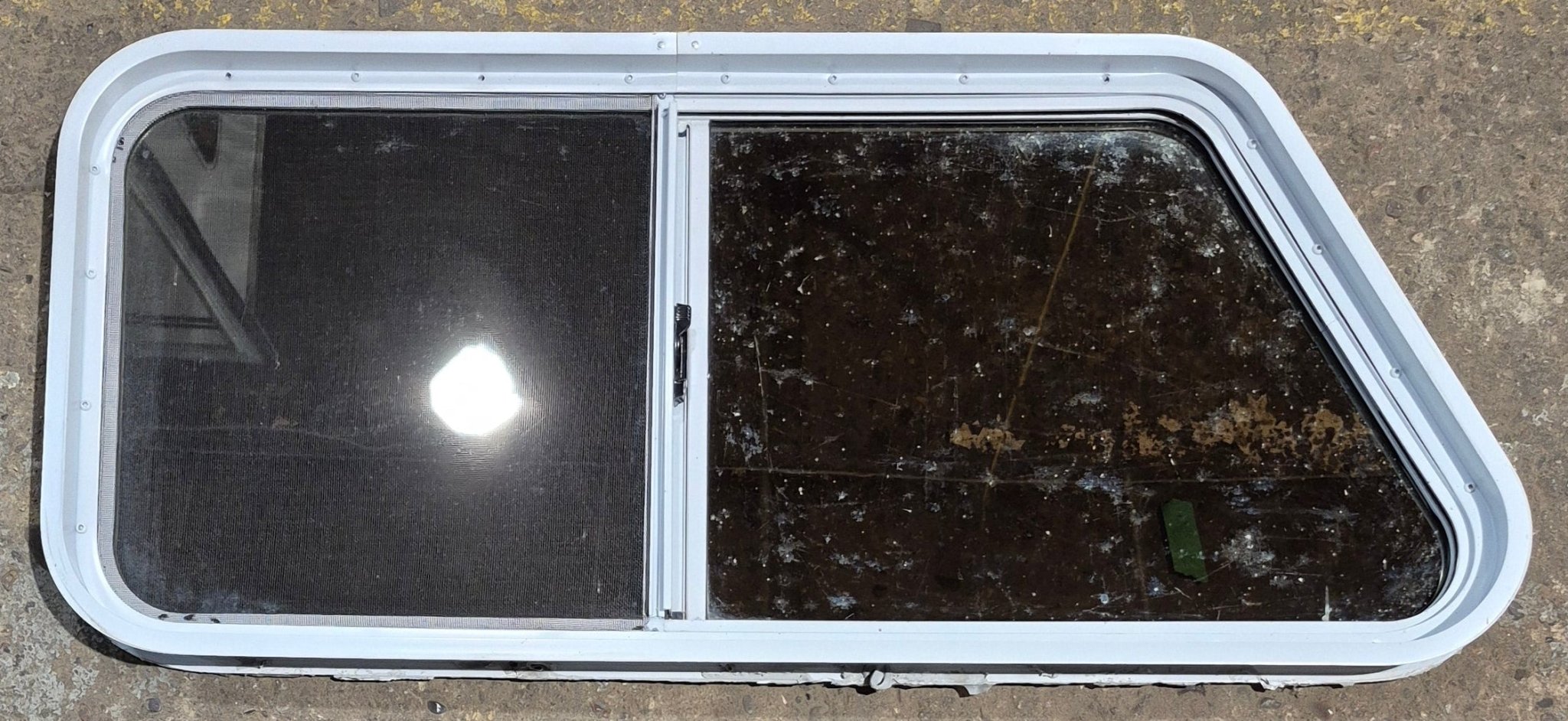 Used Slanted White Radius Opening Window : 41 3/4" W x 17 1/2" H x 1 7/8" D - Young Farts RV Parts