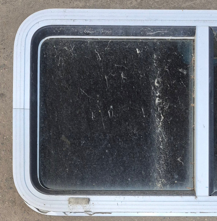Used Slanted White Radius Opening Window : 42" W x 17 1/2" H x 1 7/8" D - Young Farts RV Parts