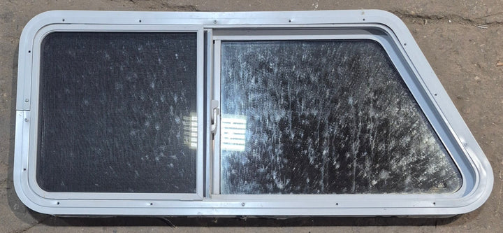 Used Slanted White Radius Opening Window : 42" W x 17 1/2" H x 1 7/8" D - Young Farts RV Parts