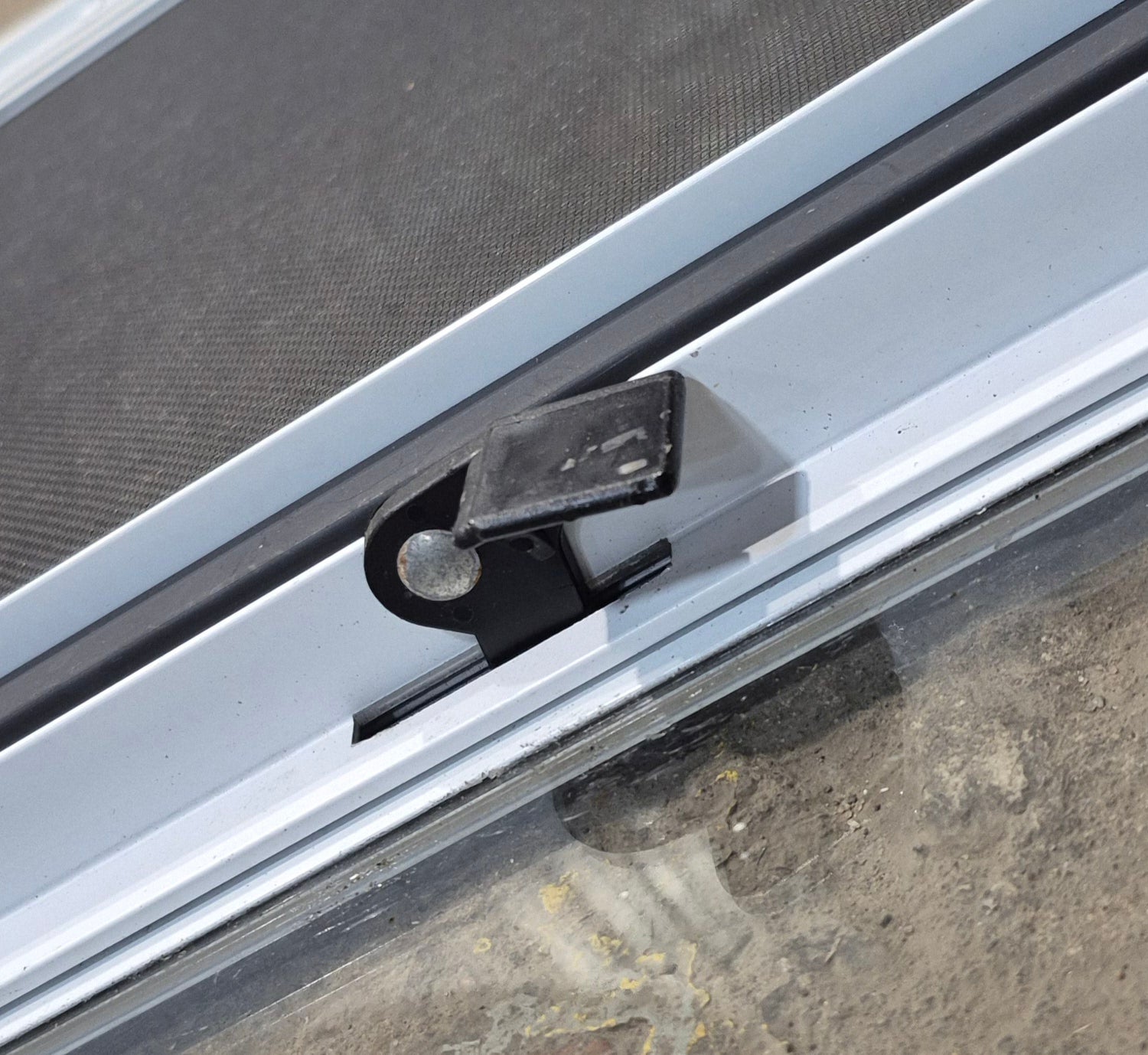 Used Slanted White Radius Opening Window : 46 3/4" W x 21 1/4" H x 1 1/4" D - Young Farts RV Parts