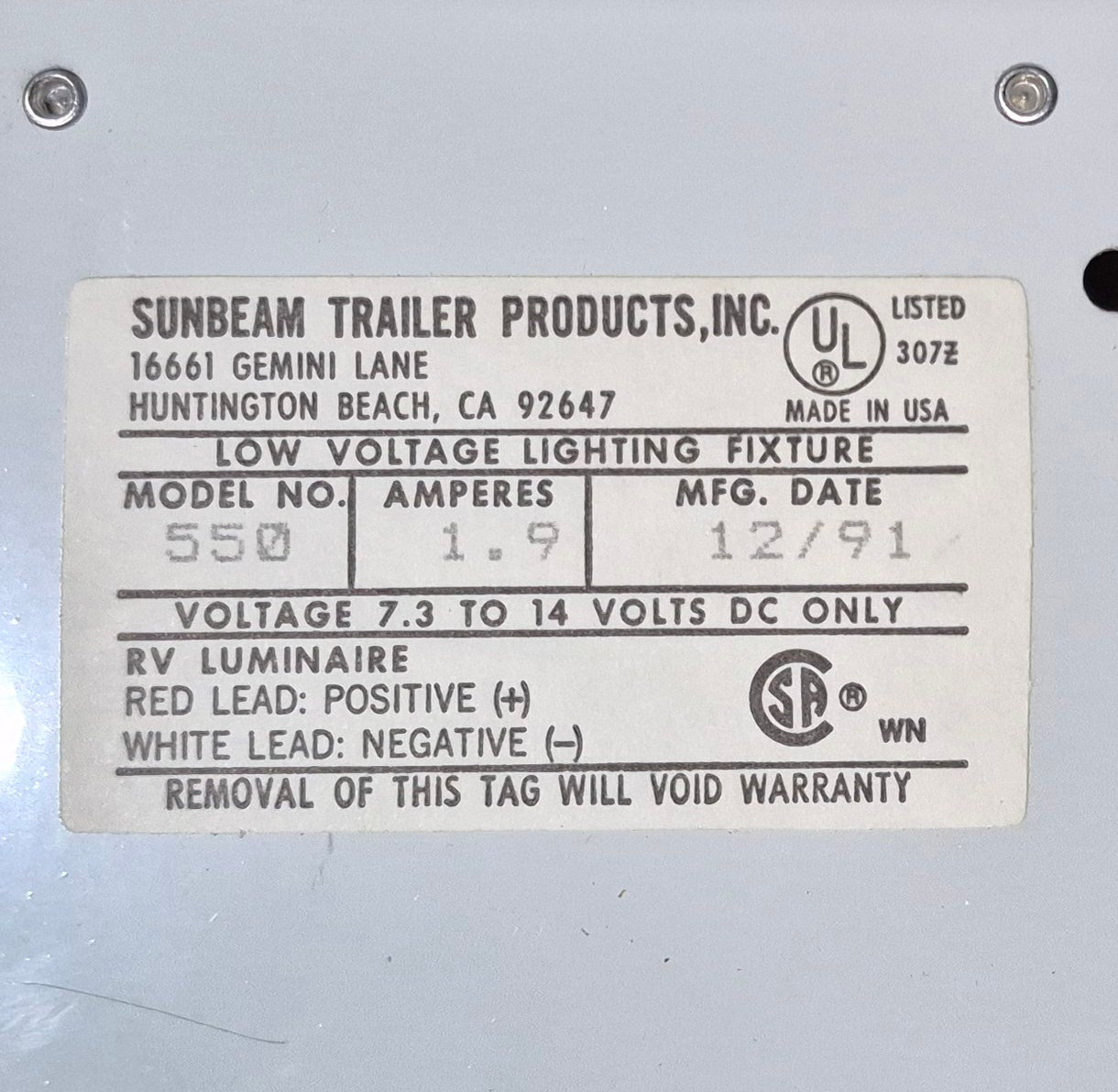 Used Sunbeam Model 550 Dual Florescent light fixture - No lens - Young Farts RV Parts