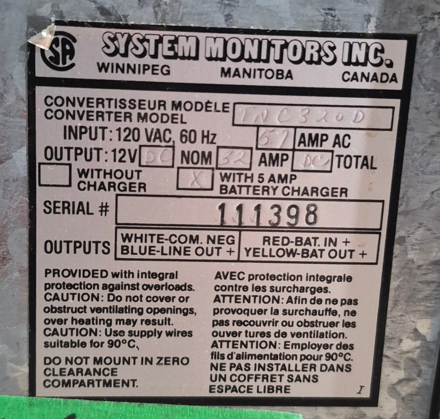 Used SYSTEM MONITORS 32 AMP Converter TNC320D - Young Farts RV Parts