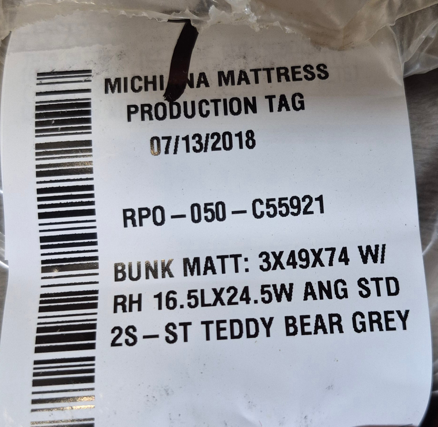 Used Teddy Bear Bunk Mattress 74" x 49" x 3" D - with diagonal cut corner - Young Farts RV Parts