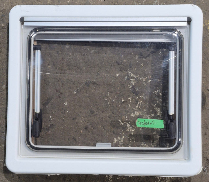 Used White Radius Emergency Opening Window : 18 7/8" W x 16 7/8" H x 1" D - Young Farts RV Parts