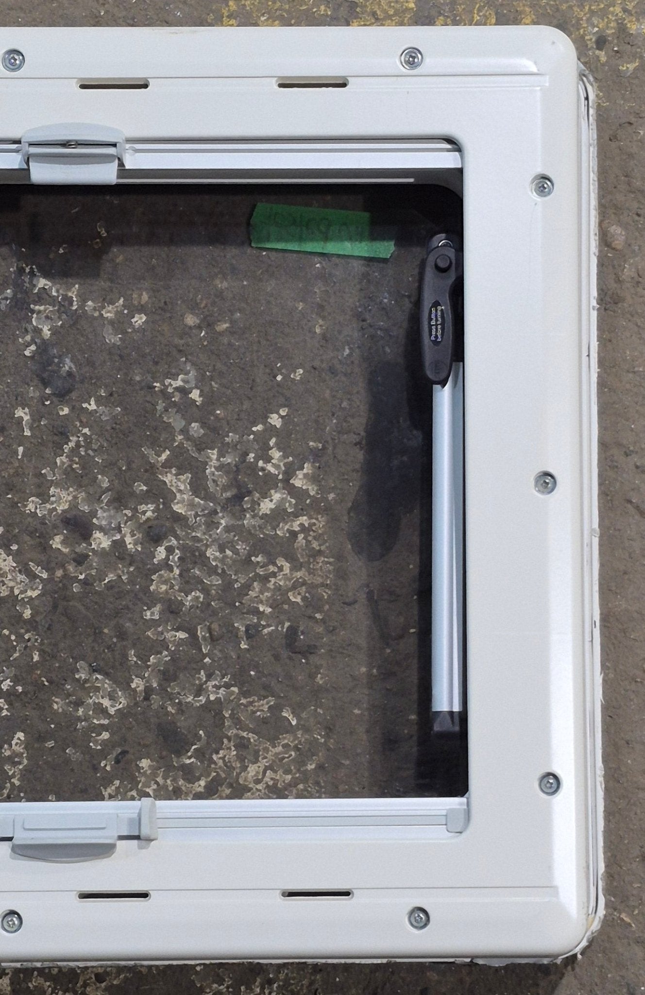 Used White Radius Emergency Opening Window : 18 7/8" W x 16 7/8" H x 1" D - Young Farts RV Parts