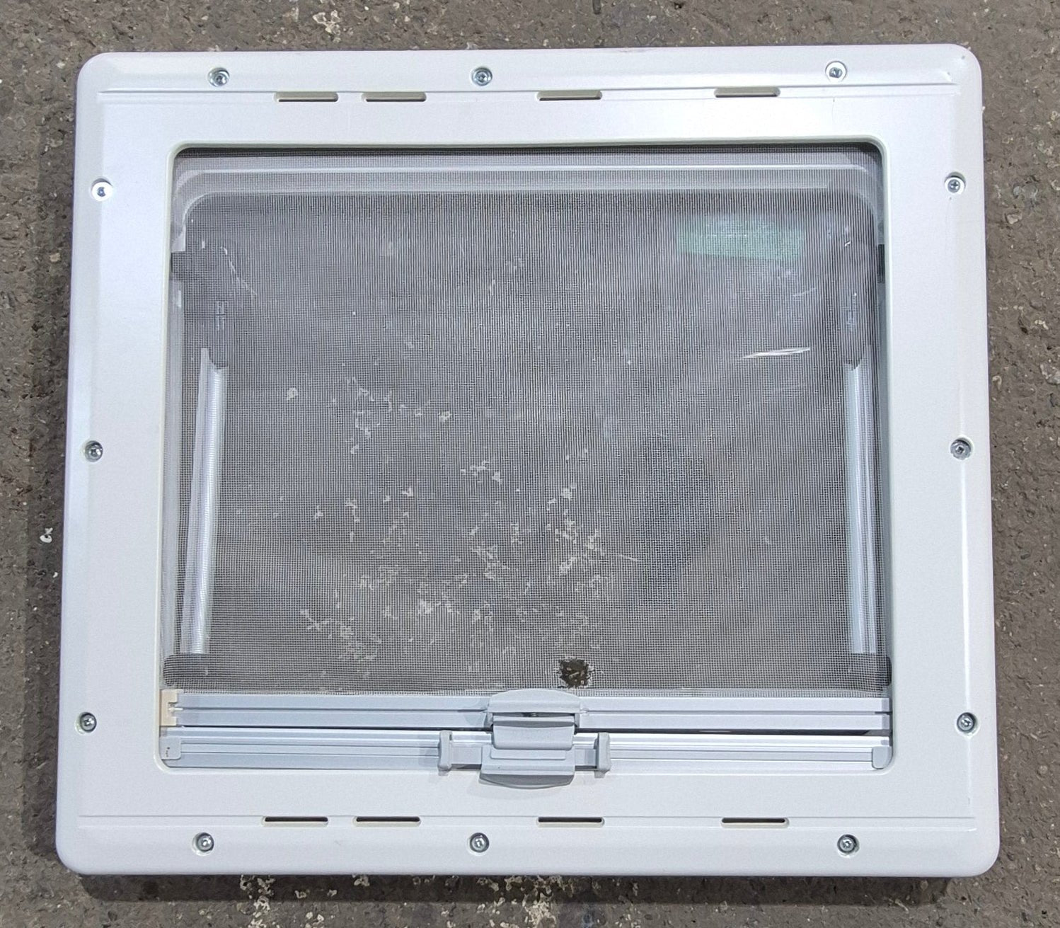 Used White Radius Emergency Opening Window : 18 7/8" W x 16 7/8" H x 1" D - Young Farts RV Parts