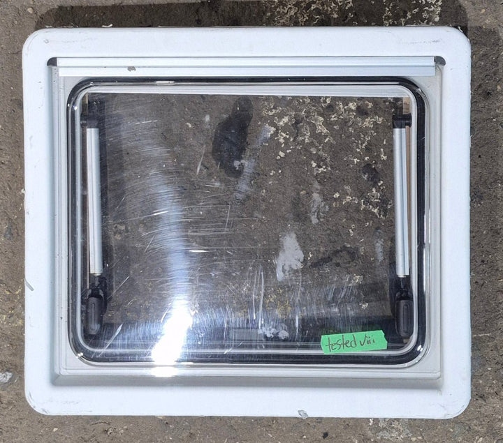 Used White Radius Emergency Opening Window : 18 7/8" W x 16 7/8" H x 1" D - Young Farts RV Parts