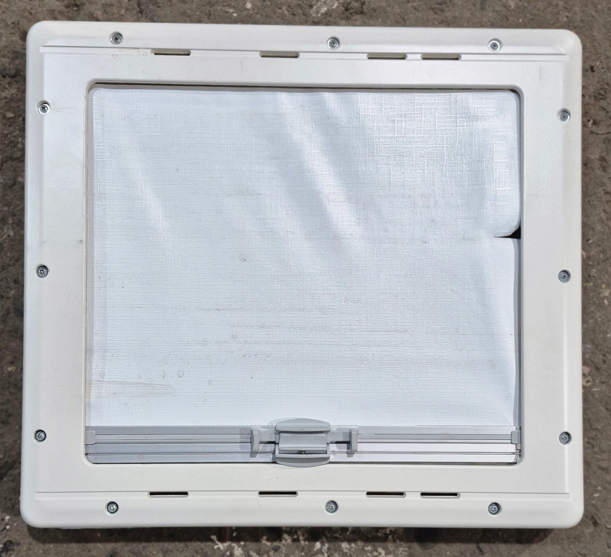 Used White Radius Emergency Opening Window : 18 7/8" W x 16 7/8" H x 1" D - Young Farts RV Parts