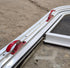 Used White Radius Emergency Opening Window : 25 1/2" W x 19 1/2" H x 1 1/4" D - Young Farts RV Parts