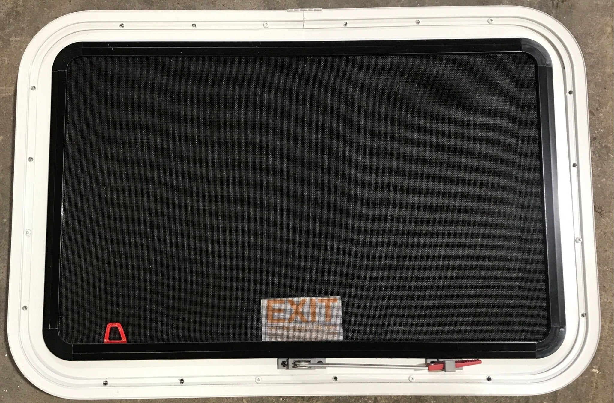 Used White Radius Emergency Opening Window : 29 1/2" W x 19 1/2" H x 1 7/8" D - Young Farts RV Parts