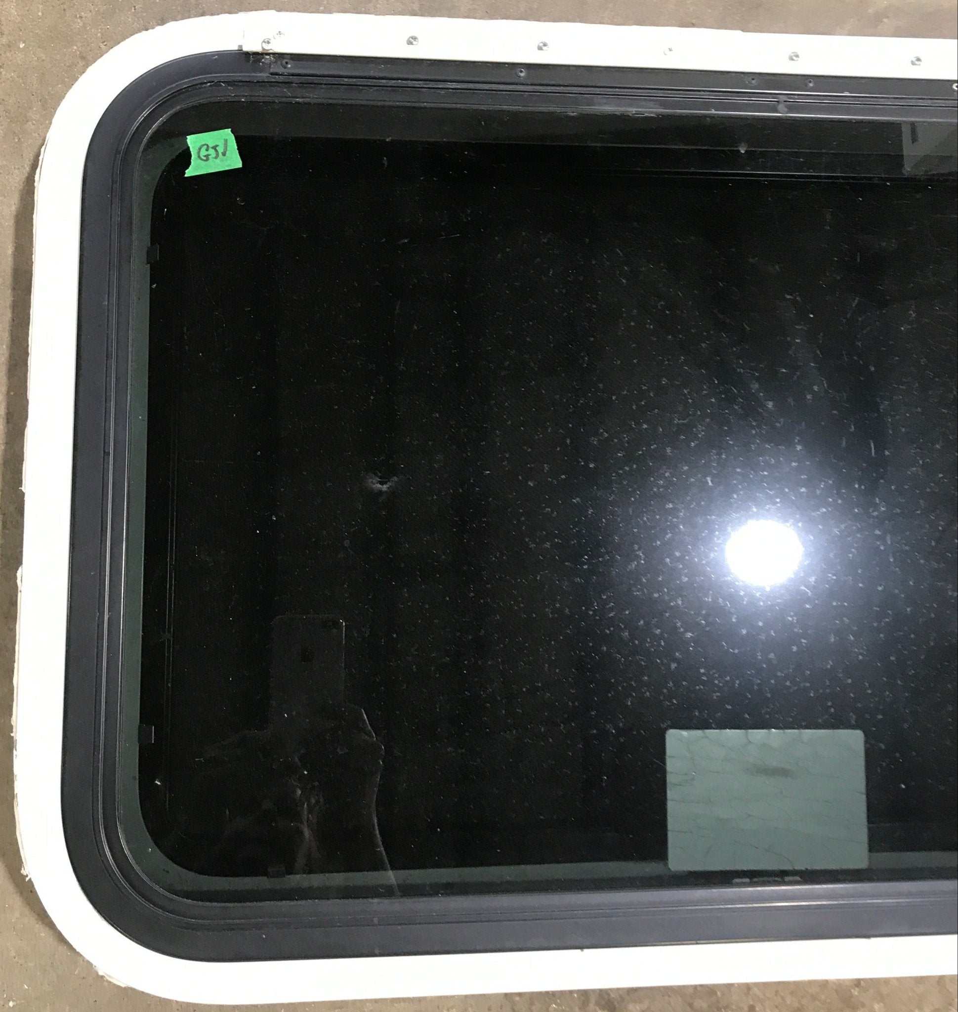 Used White Radius Emergency Opening Window : 29 1/2" W x 19 1/2" H x 1 7/8" D - Young Farts RV Parts