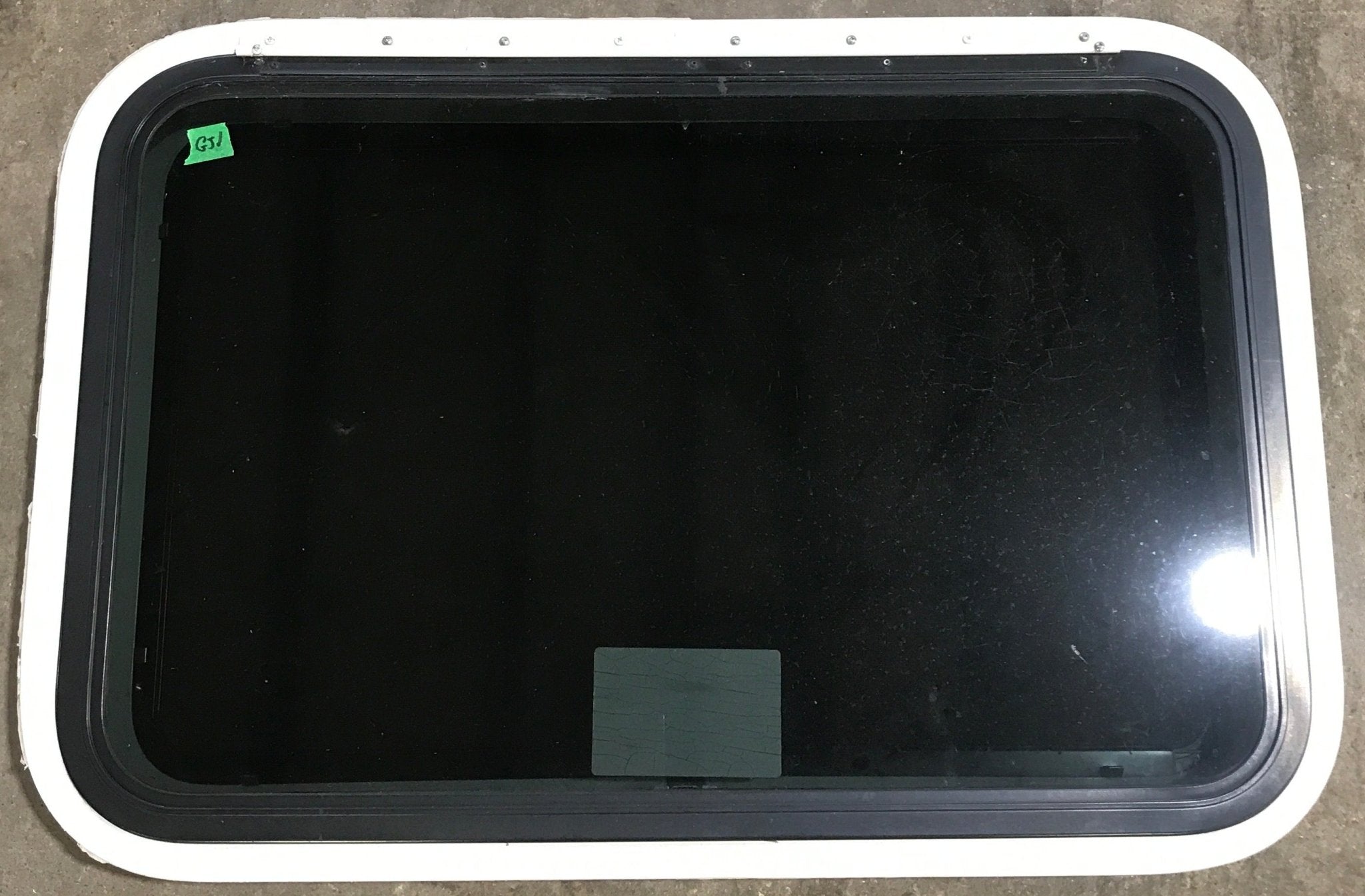 Used White Radius Emergency Opening Window : 29 1/2" W x 19 1/2" H x 1 7/8" D - Young Farts RV Parts