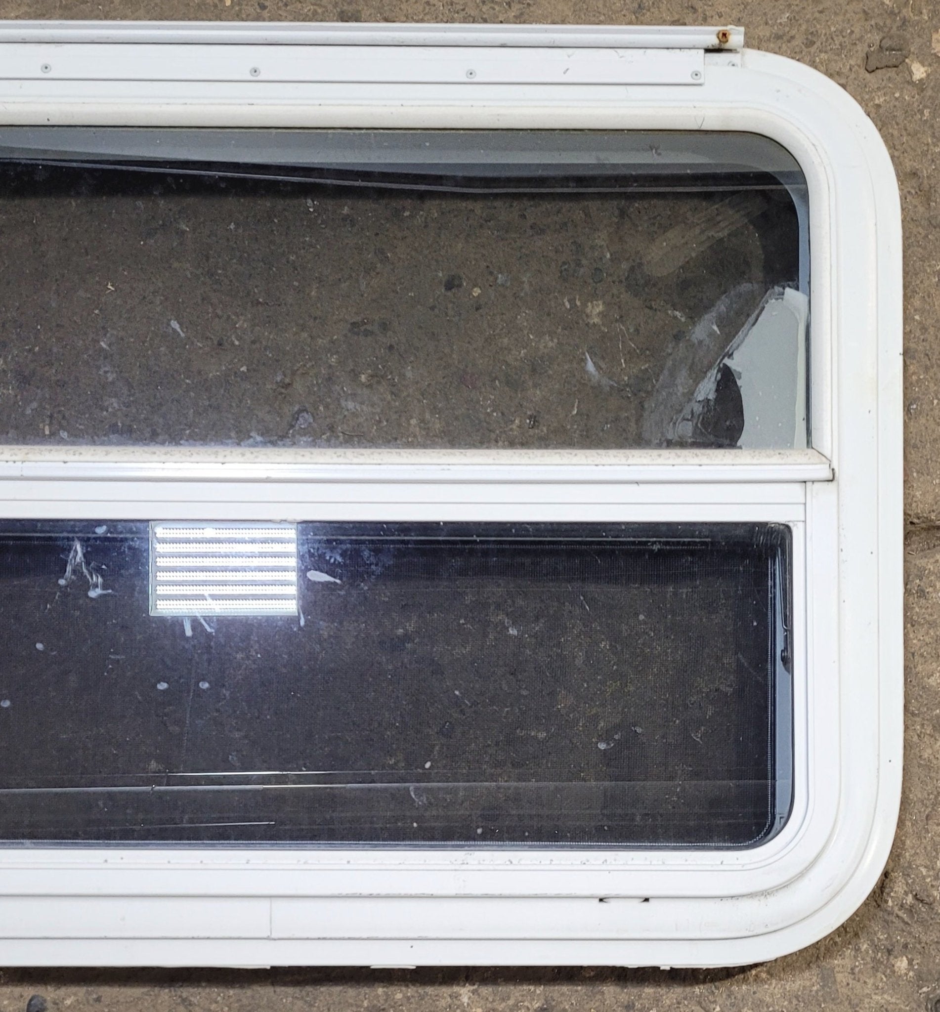 Used White Radius Emergency Opening Window : 29 1/2" W x 21 1/2" H x 1 7/8" D - Young Farts RV Parts