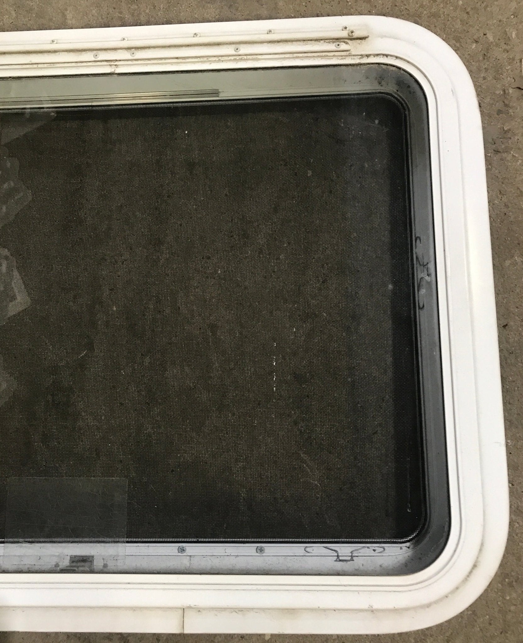 Used White Radius Emergency Opening Window : 29 1/2" W x 21 1/2" H x 1 7/8" D - Young Farts RV Parts