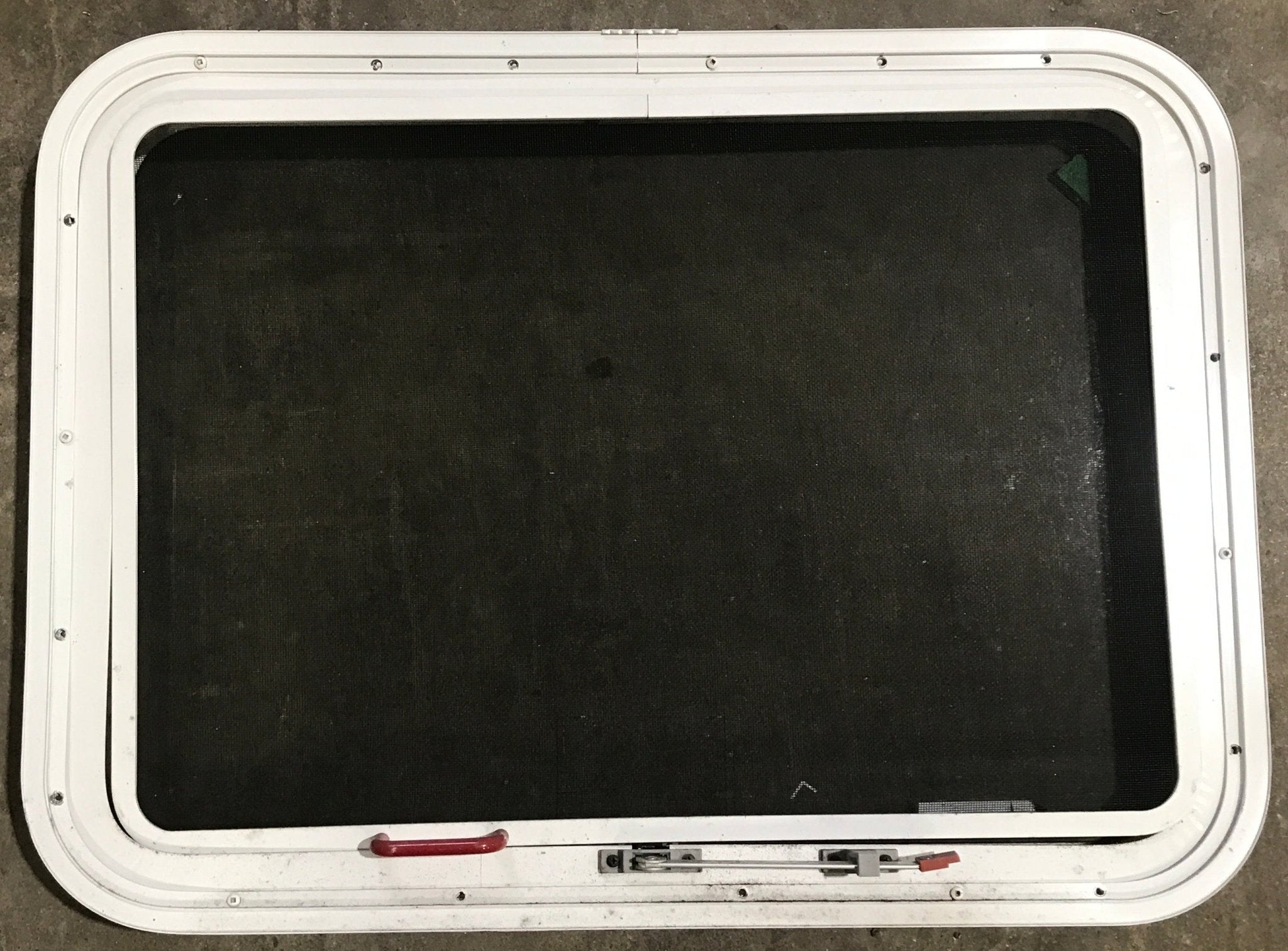 Used White Radius Emergency Opening Window : 29 1/2" W x 21 1/2" H x 1 7/8" D - Young Farts RV Parts