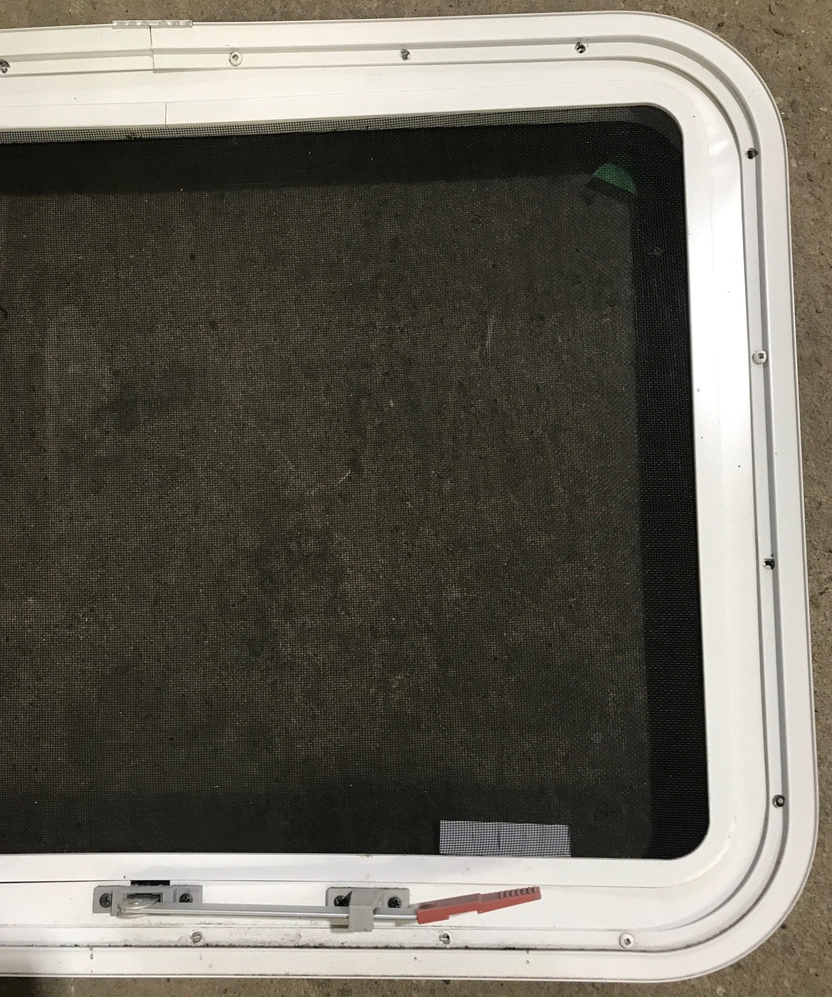 Used White Radius Emergency Opening Window : 29 1/2" W x 21 1/2" H x 1 7/8" D - Young Farts RV Parts