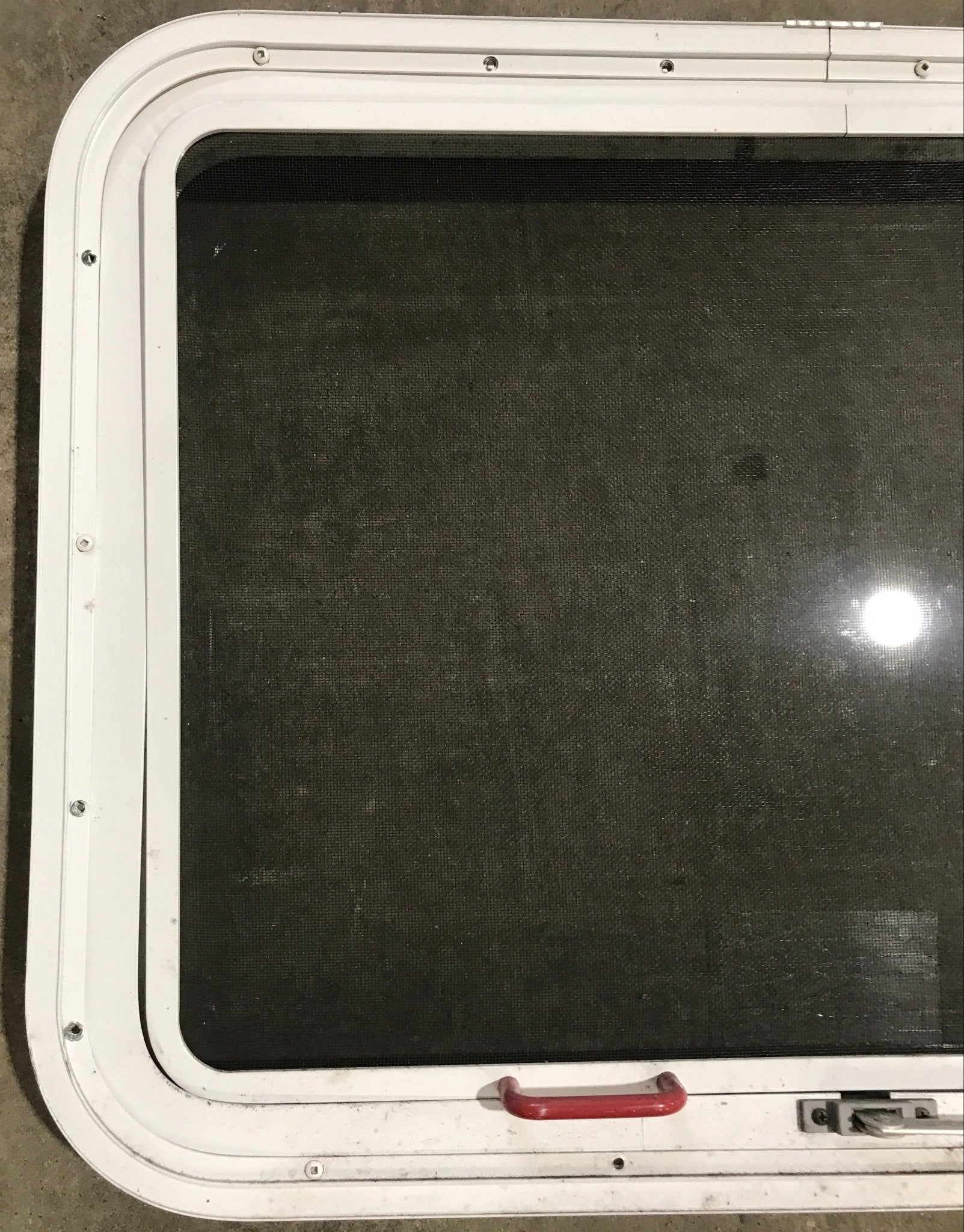 Used White Radius Emergency Opening Window : 29 1/2" W x 21 1/2" H x 1 7/8" D - Young Farts RV Parts