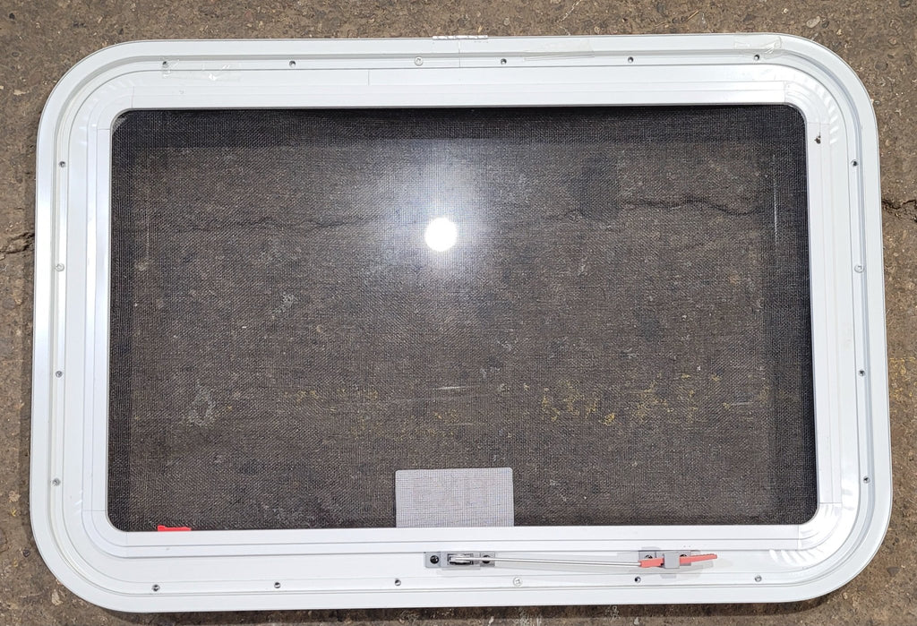 Used White Radius Emergency Opening Window : 29 1/4" W x 19 1/2" H x 1 3/4" D - Young Farts RV Parts