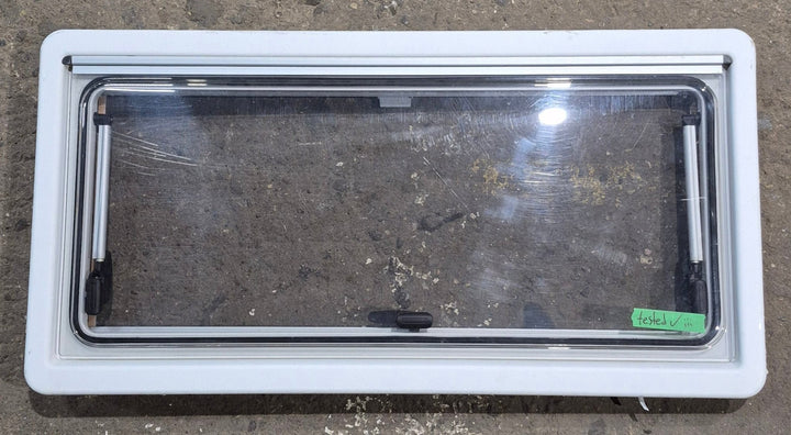 Used White Radius Emergency Opening Window : 34 3/4" W x 16 7/8" H x 1 1/8" D - Young Farts RV Parts