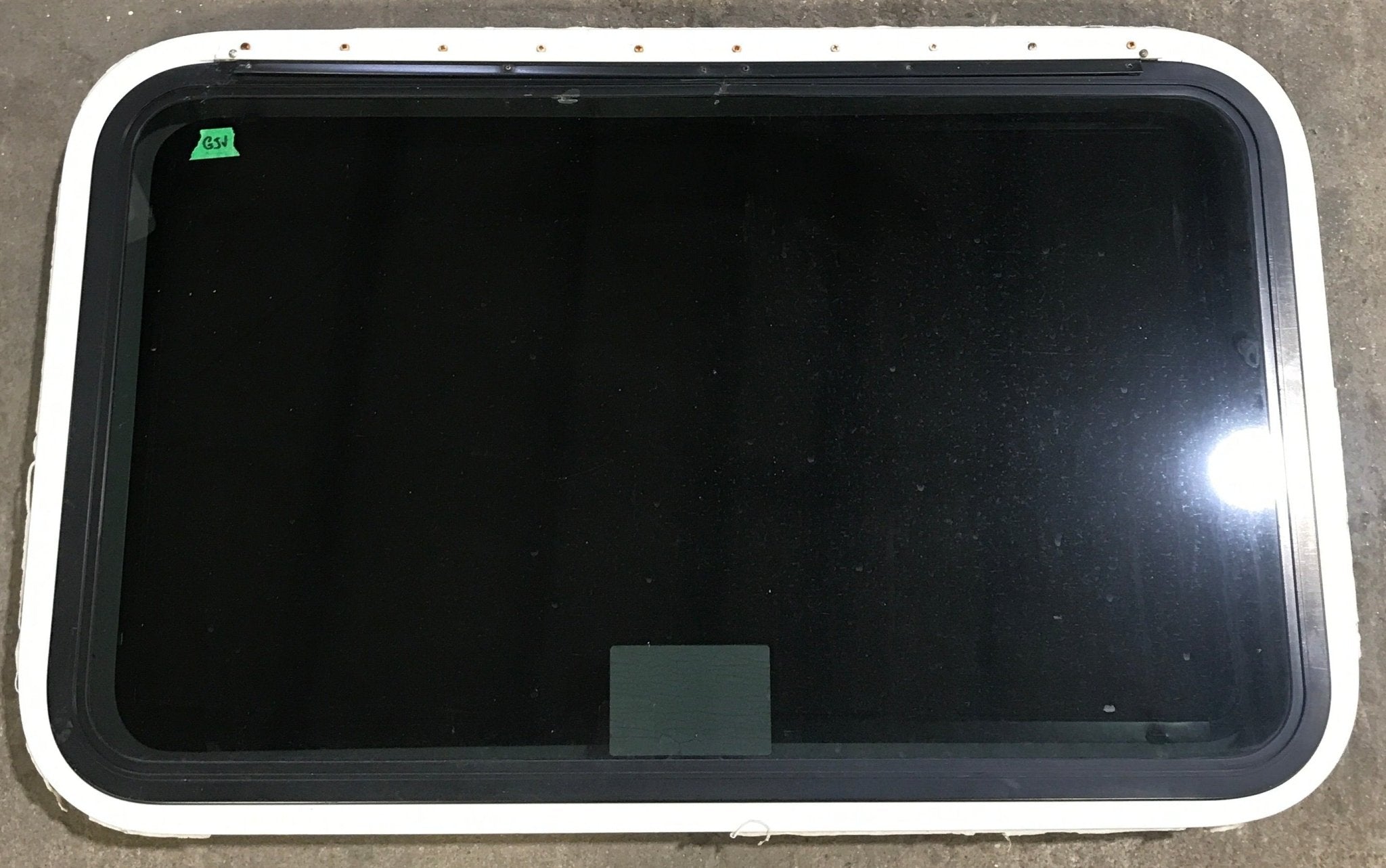 Used White Radius Emergency Opening Window : 35 1/2" W x 21 1/4" H x 1 7/8" D - Young Farts RV Parts
