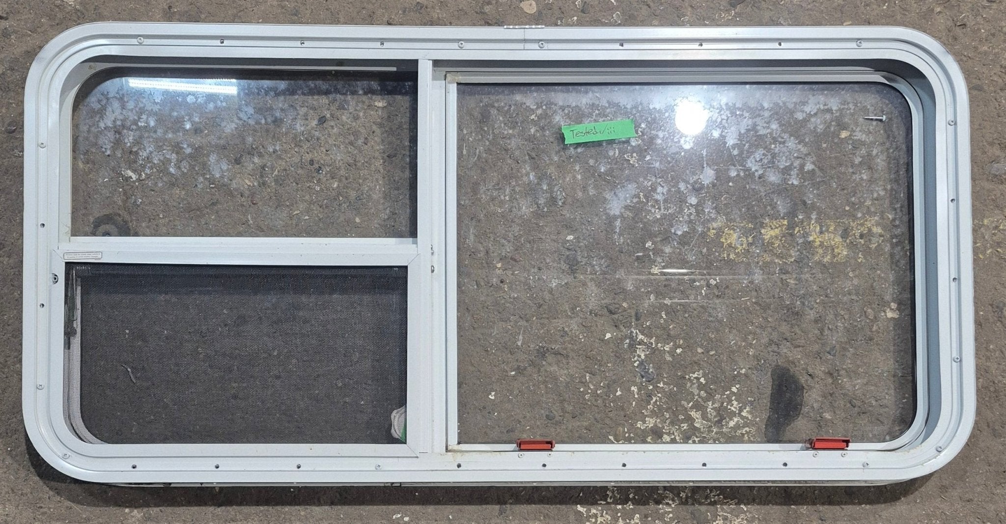 Used White Radius Emergency Opening Window : 45 1/2" W x 21 1/4" H x 1 7/8" D - Young Farts RV Parts