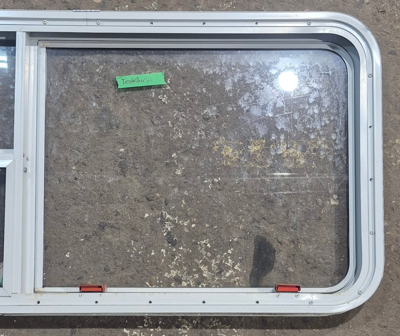 Used White Radius Emergency Opening Window : 45 1/2" W x 21 1/4" H x 1 7/8" D - Young Farts RV Parts