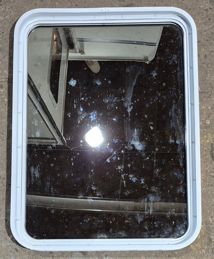 Used White Radius Non Opening Window : 26 1/4" W x 35 1/2" H x 1 7/8" D - Young Farts RV Parts