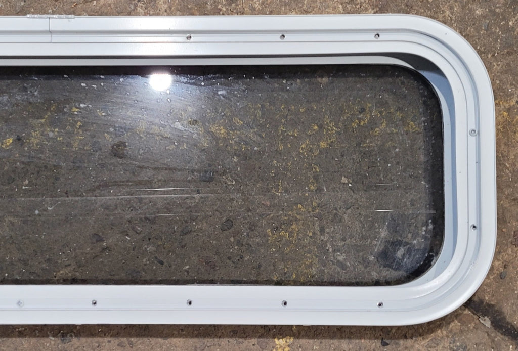 Used White Radius Non Opening Window : 35 1/2" W x 11 1/2" H x 1 7/8" D - Young Farts RV Parts