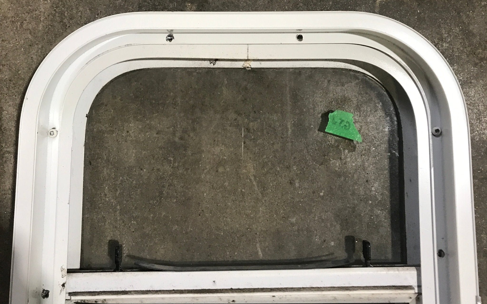 Used White Radius Opening Window : 13 1/2" W x 17 1/2" H x 1 7/8" D - Young Farts RV Parts