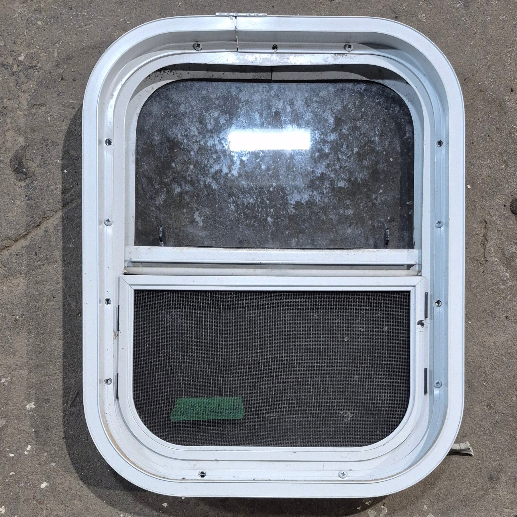 Used White Radius Opening Window - 13.25 X 17.5 X 1.875 - Young Farts RV Parts