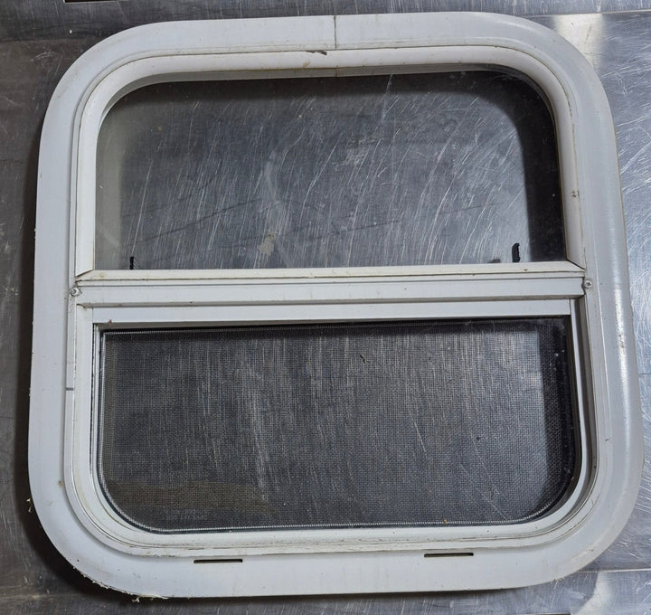 Used White Radius Opening Window : 17 1/2" W x 17 1/2" H x 1 1/8" D - Young Farts RV Parts