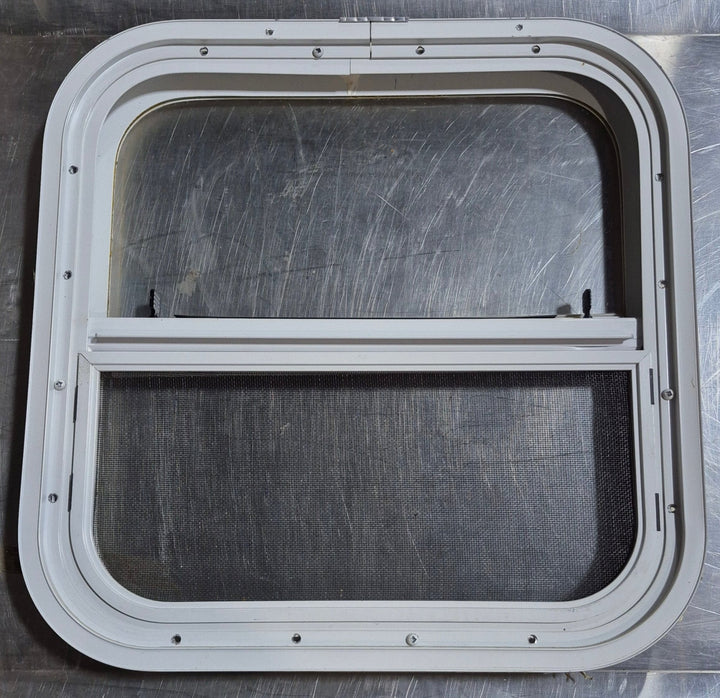 Used White Radius Opening Window : 17 1/2" W x 17 1/2" H x 1 1/8" D - Young Farts RV Parts